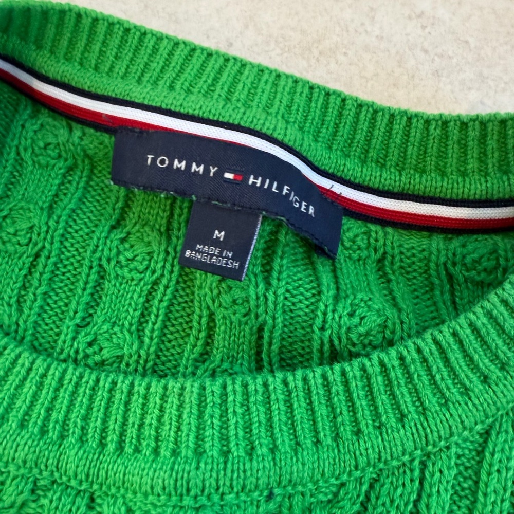 Tommy Hilfiger Kelly Green Cable-Knit Short Sleeve Sweater with Striped Trim /M - Picture 9 of 10